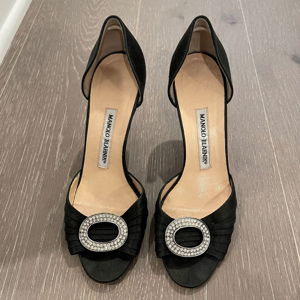 Manolo Blahnik Black Satin Crystal Jeweled Peep-toe D'orsay Pumps